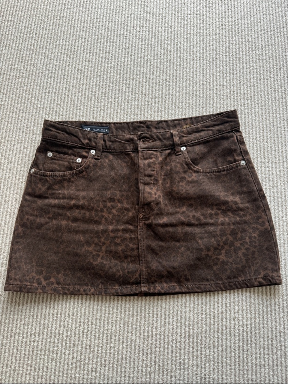 Zara Brown Leopard-Print Denim Mini Skirt